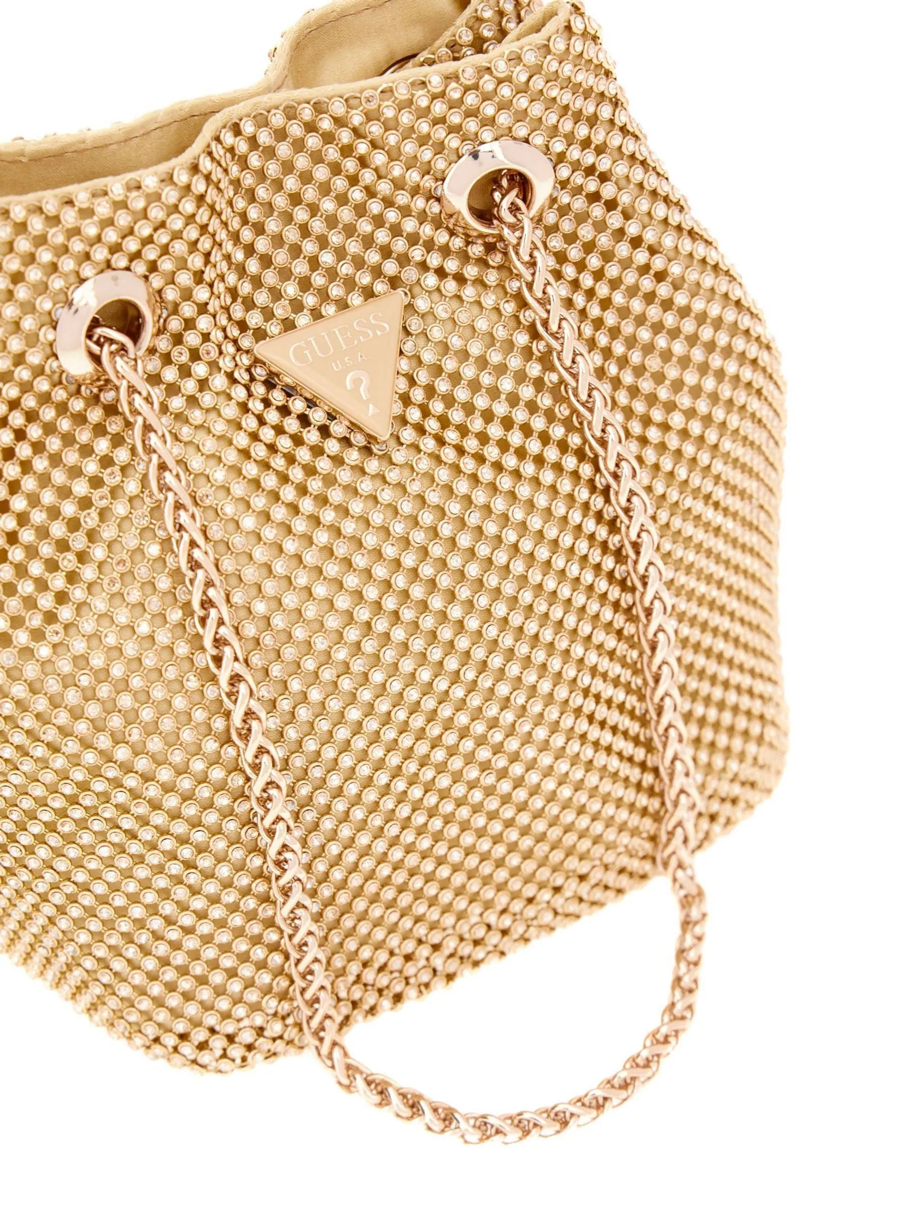 Goud - Guess Zalina Rhinestone Embellished Pouch Bucket Bag