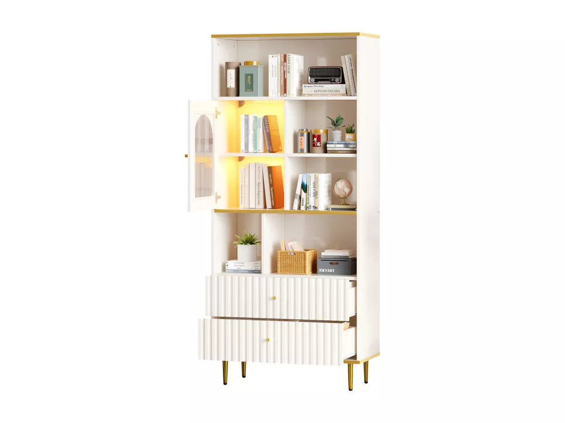 Vitrine H 190cm avec LED - 5 compartiments ouverts et 2 tiroirs - Blanc