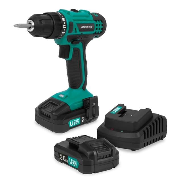 VONROC Bore- /skruemaskine 20V | 19 momentindstillinger | Inkl. 2x 2.0Ah Akku og oplader