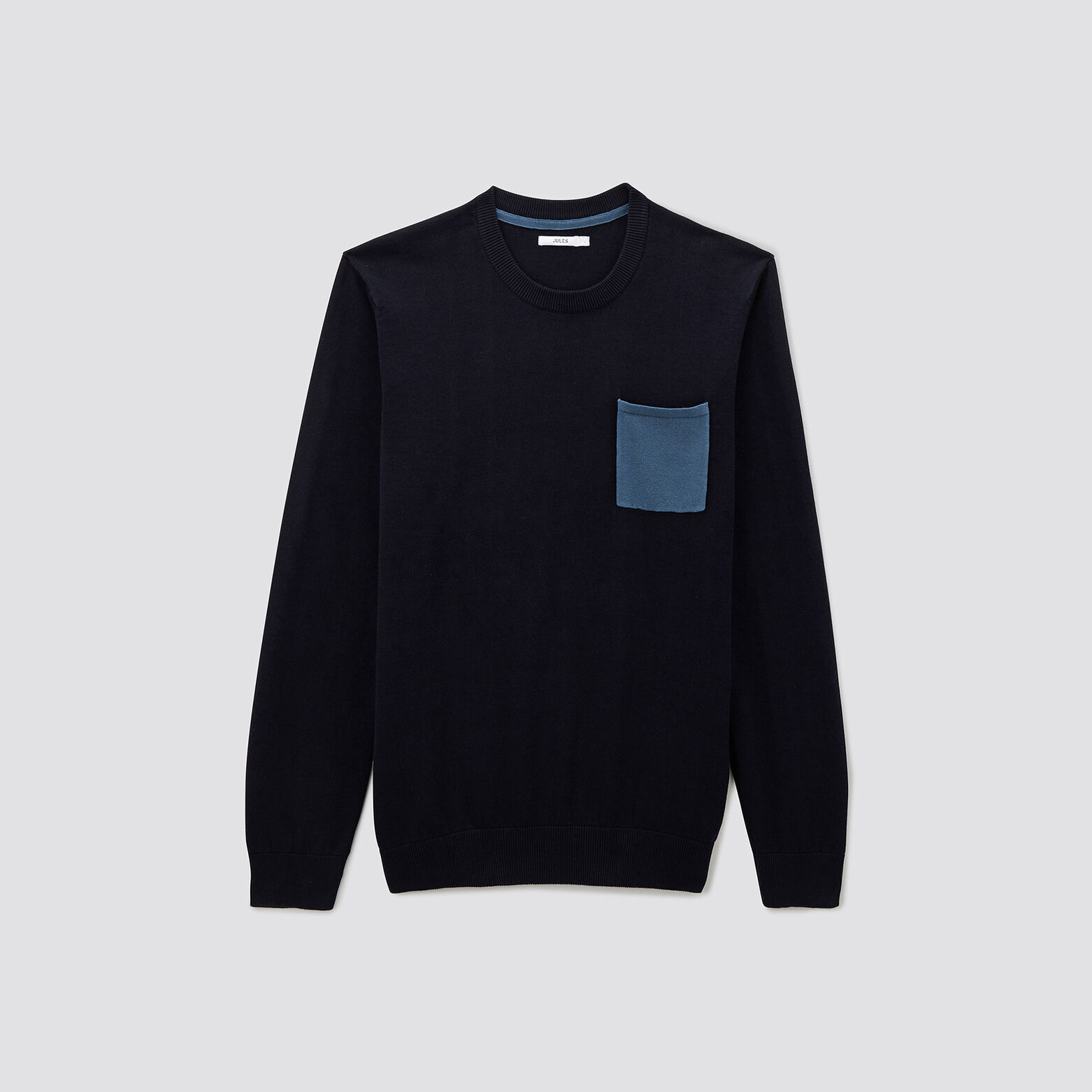 Pull col rond poche contrastée Bleu foncé