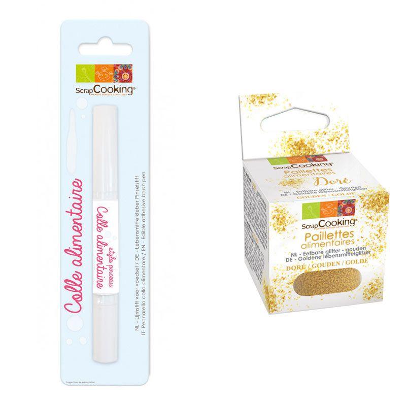 Stylo pinceau colle alimentaire + paillettes dorées Scrapcooking