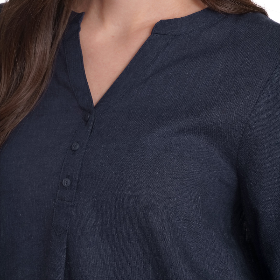 Gina Damen Leinen-Bluse mit Serafino-Ausschnitt dunkelblau