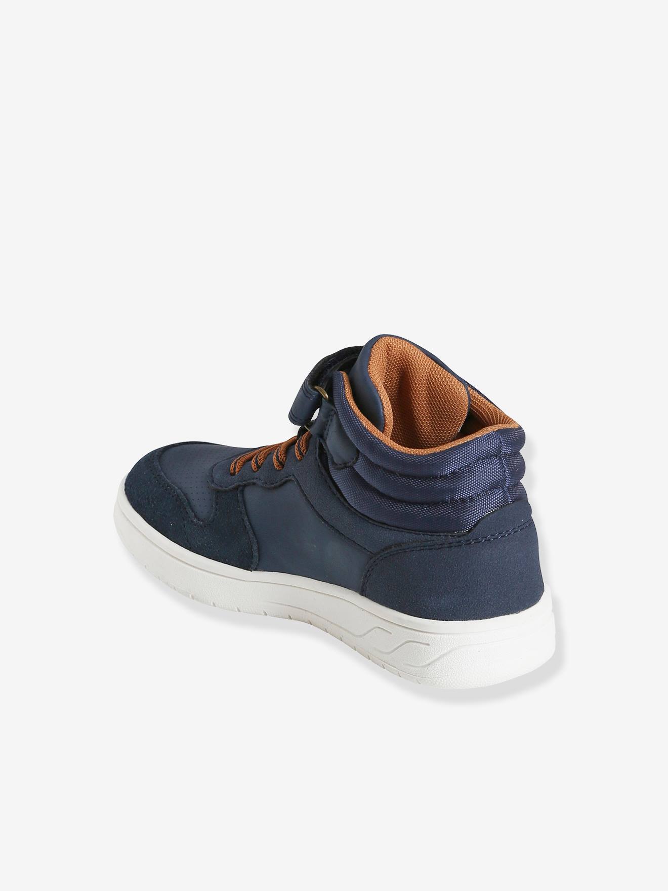 Tênis de cano alto com cadarços e fecho de velcro, azul escuro liso para meninos