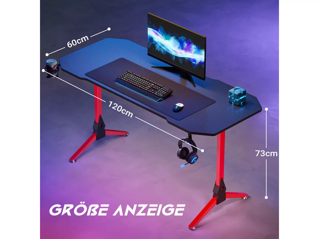 Bureau Gaming Moderne LED en fibre de carbone,Ordinateur RGB pour Gaming,étagères - 120x60x73cm - Rouge+Noir
