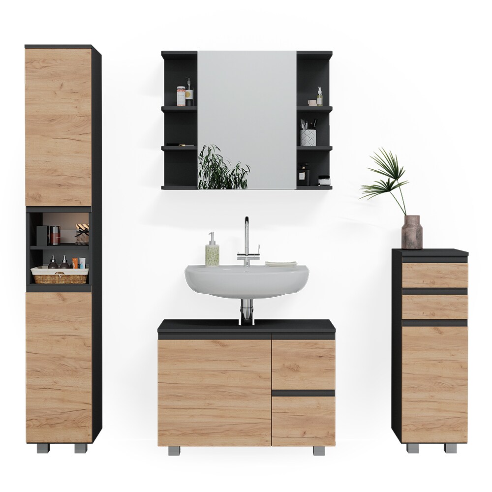 Vicco Badmöbelset J-shape Anthrazit Eiche modern Badezimmer Schrank Badschrank Waschtischunterschrank Spiegelschrank Midischrank Hochschrank Schranktür Schrankschublade Schrankfach Ablage Aufbewahrung