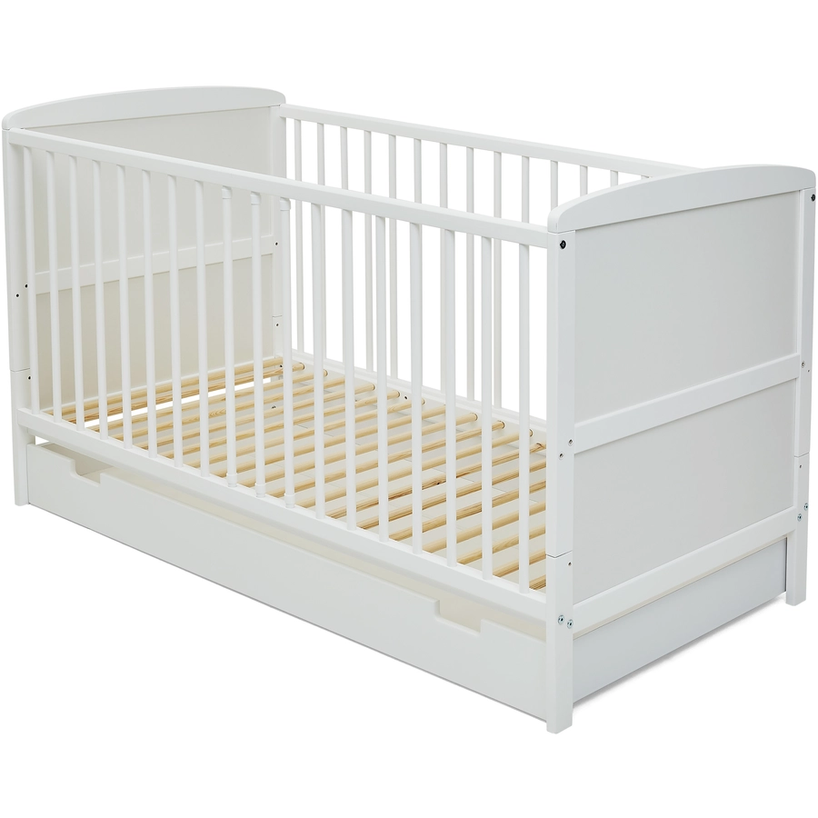 Kids Collective Babybett 70x140 Umbaubares Gitterbett höhenverstellbar & herausnehmbare Sprossen weiß mit Schublade