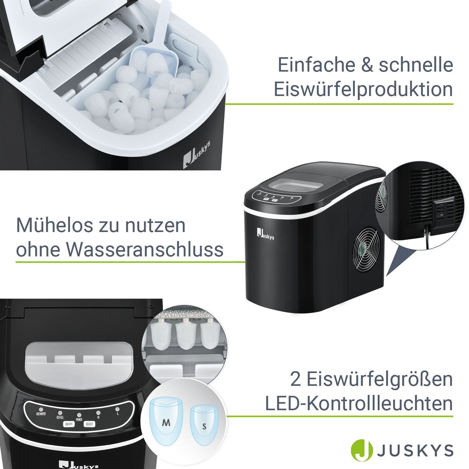 Juskys Eiswürfelmaschine IcyCube - 12 kg / 24 Std. - Eiswürfel in 7 - 13 min – 2,4 L Tank - Schwarz