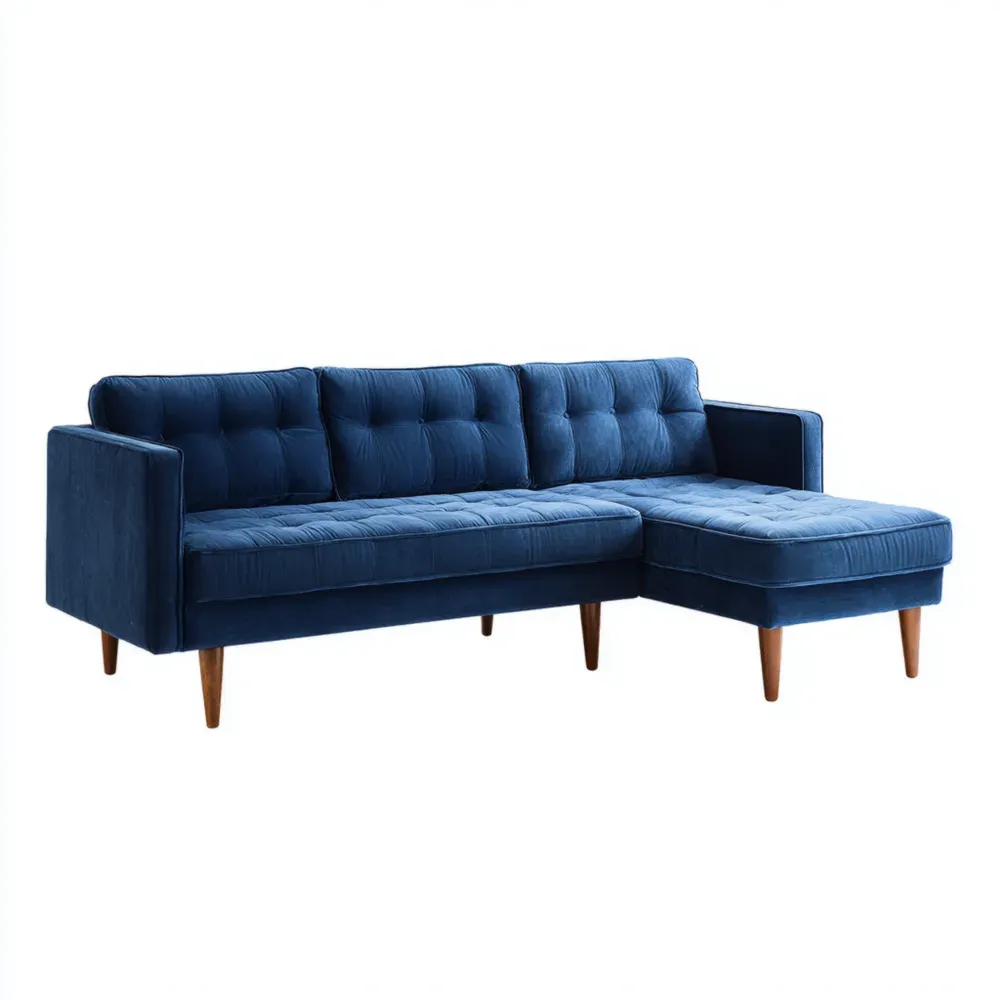 Ecksofa Samt Blau mit Holzbeinen