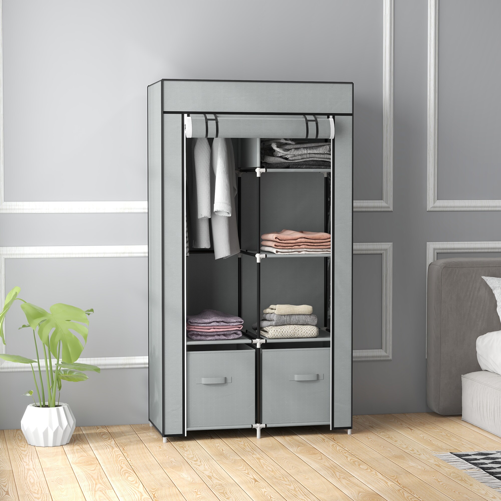 HOMCOM Stoffkleiderschrank mit Reißverschlusstüren grau 83L x 42,5B x 162,5Hcm