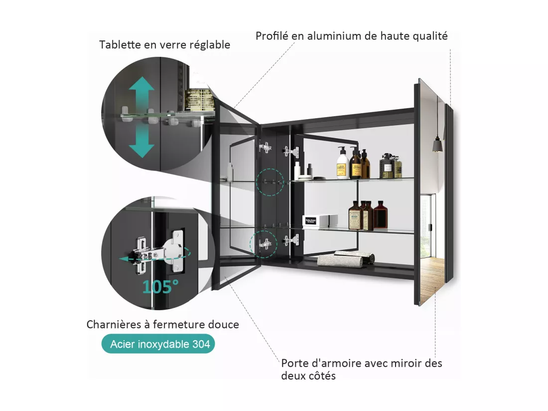 EMKE Armoires de toilette 85x65cm Noir Armoire Salle de Bain en Miroir Double Face
