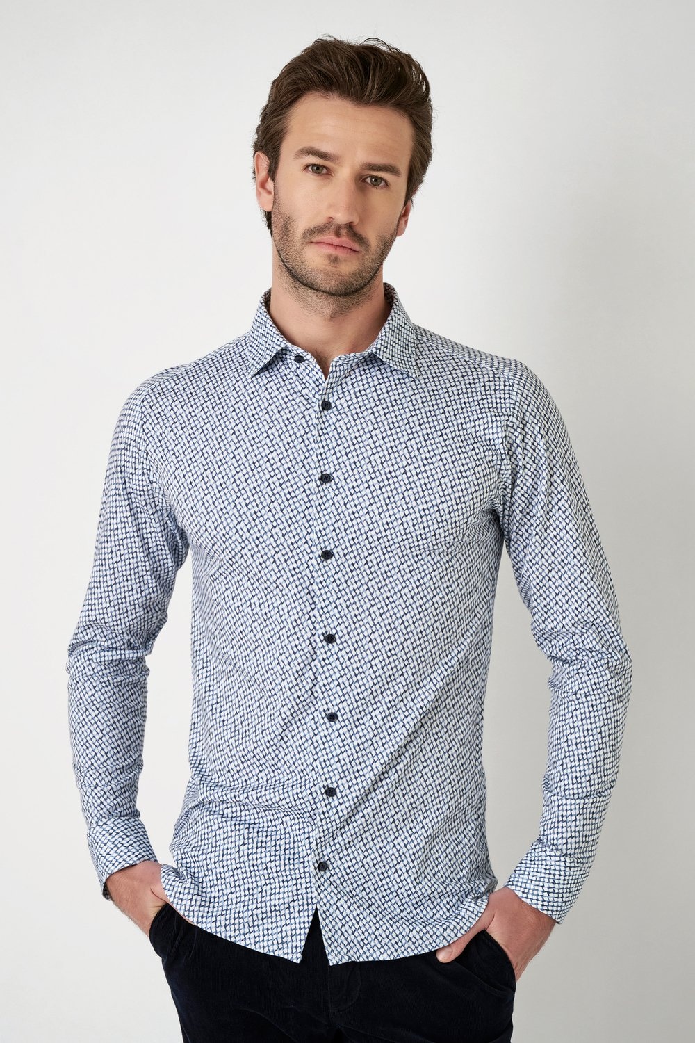 DESOTO Langarmhemd »Jerseyhemd Casual Kent langarm«, Flexibler Stretch, mit modischem Allover-Print