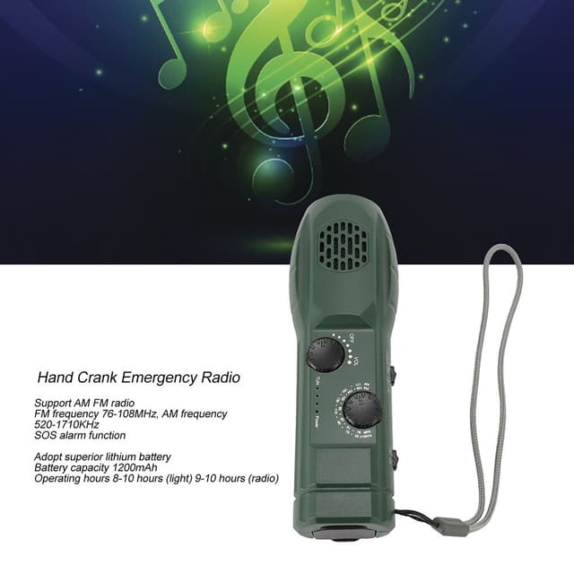 Håndsving AM/FM Radio LED Lommelygte 1200mAh Emergency PowerBank