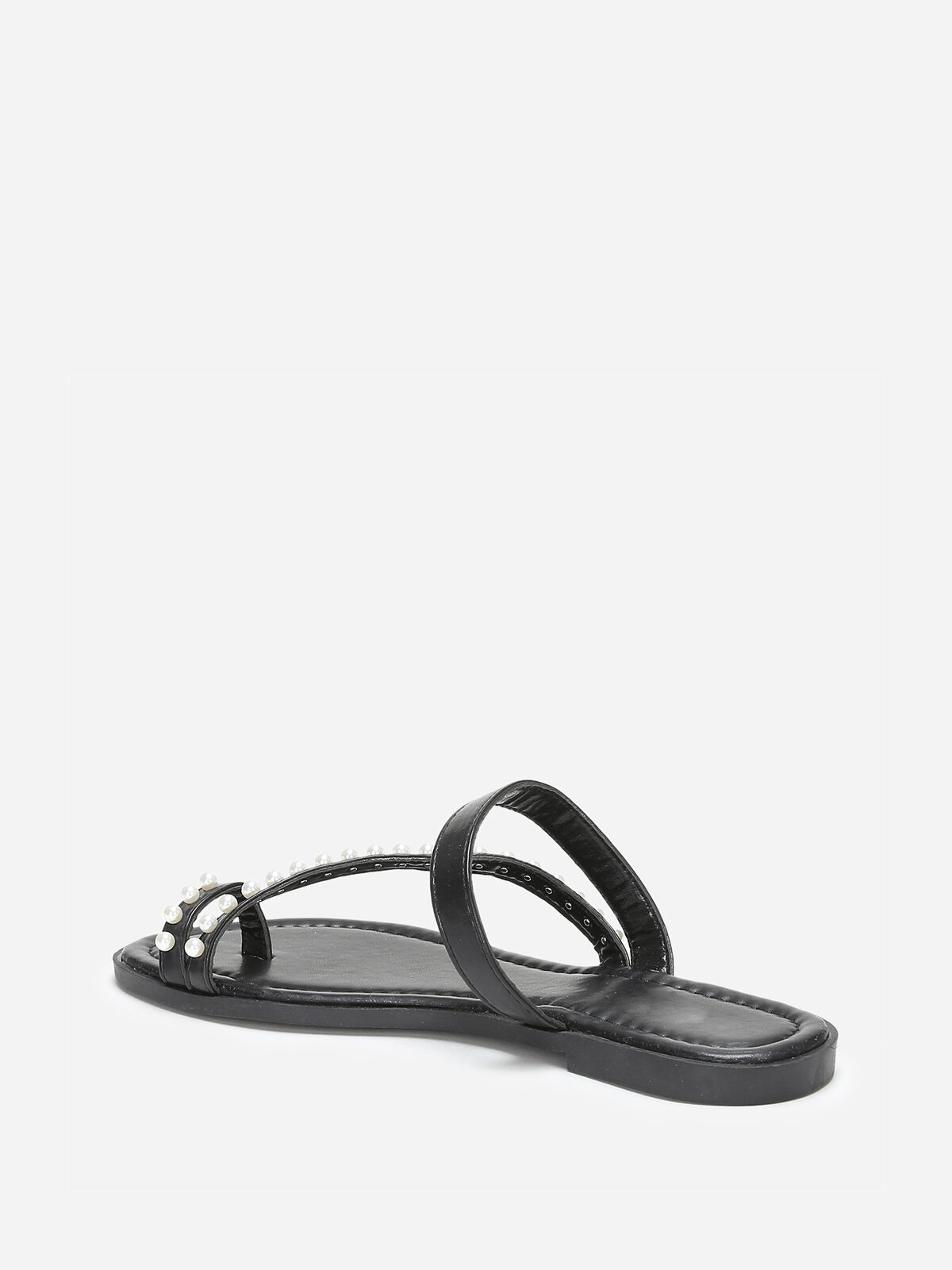 Mules plates à fines brides et perles- Noir
