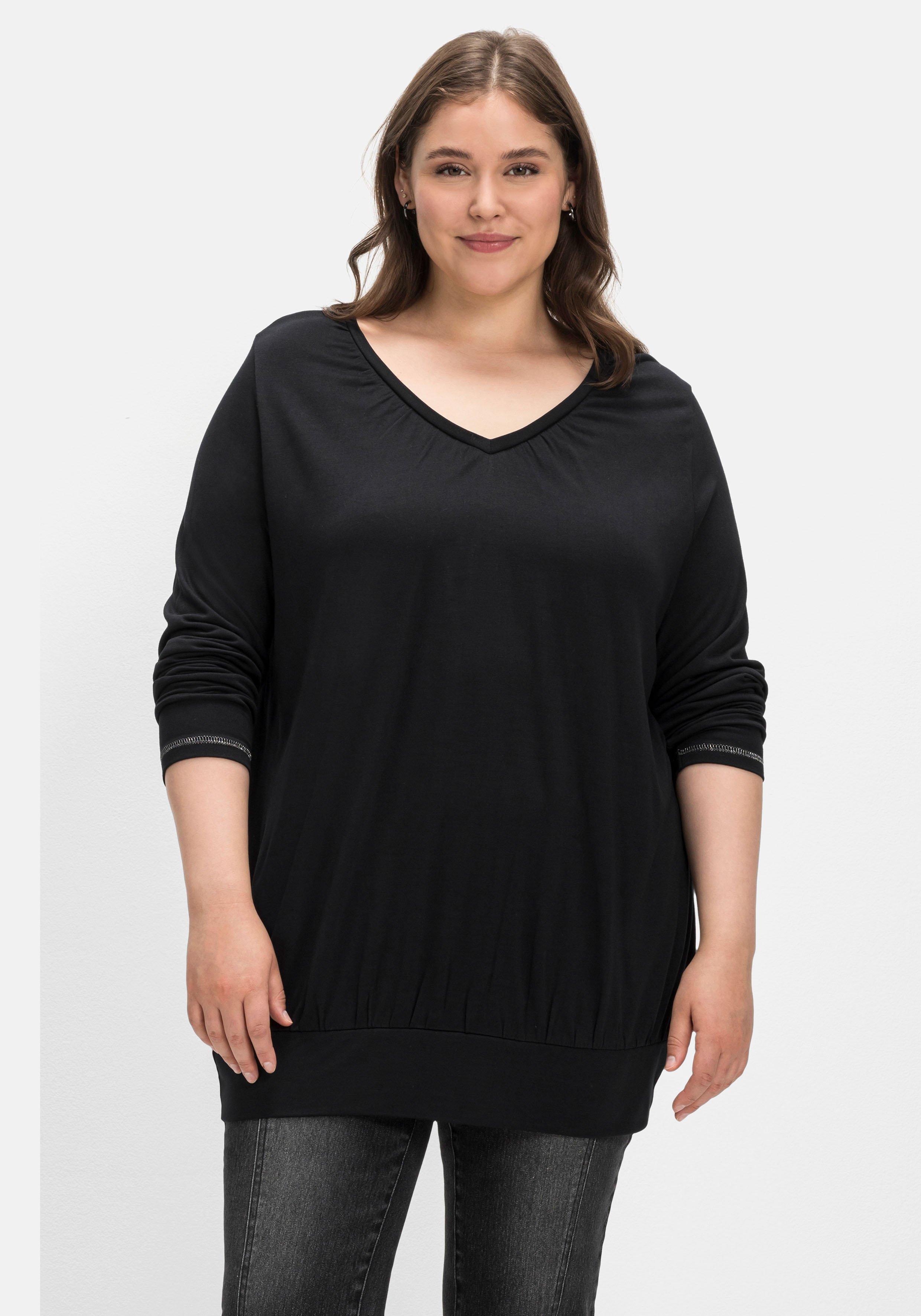 Langarmshirt mit angekräuseltem V-Ausschnitt