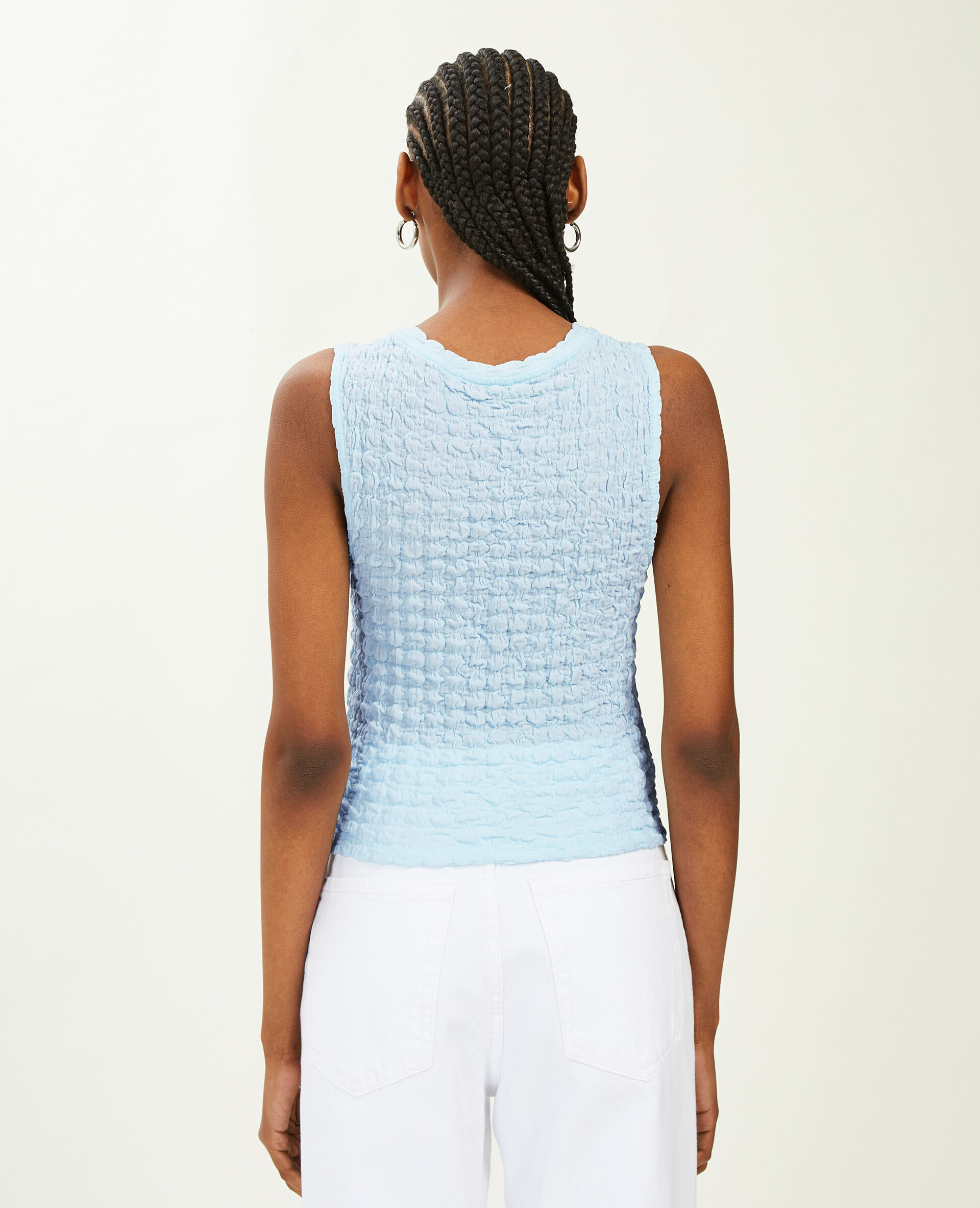 Top court sans manches maille gaufrée - Bleu clair