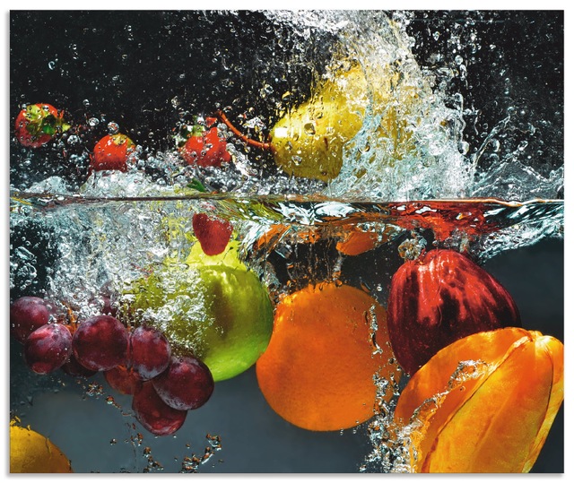 Artland Küchenrückwand »Spritzendes Obst auf dem Wasser« Alu Spritzschutz mit Klebeband, einfache Montage