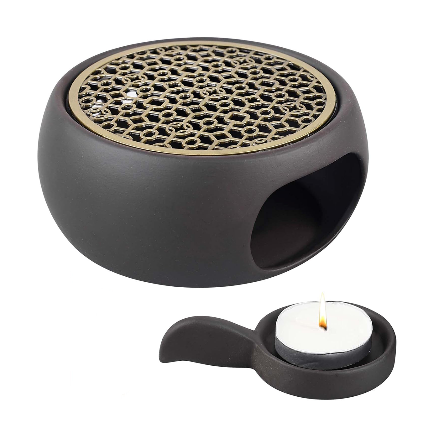 (4-tlg. Set) Keramik Stövchen Tee Kannen Wärmer Home Deko Teetassenwärmer Warmhalteplatte inkl. Teelichter - Braun