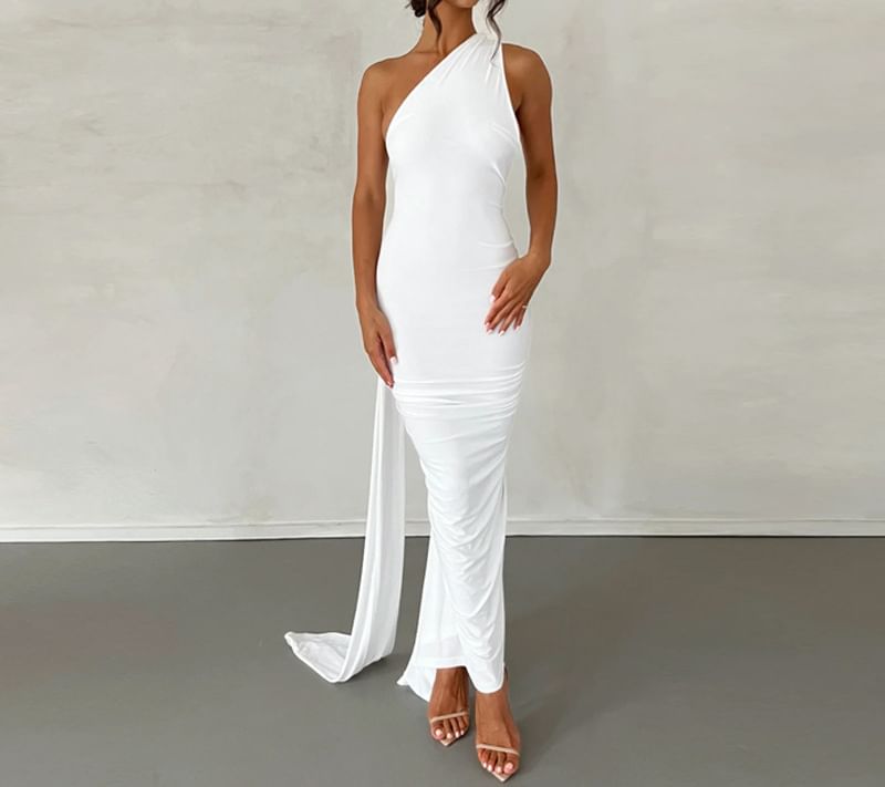 SugaSaurus - Mouwloze maxi-bodyconjurk met één schouder, effen accent en gerimpelde open rug