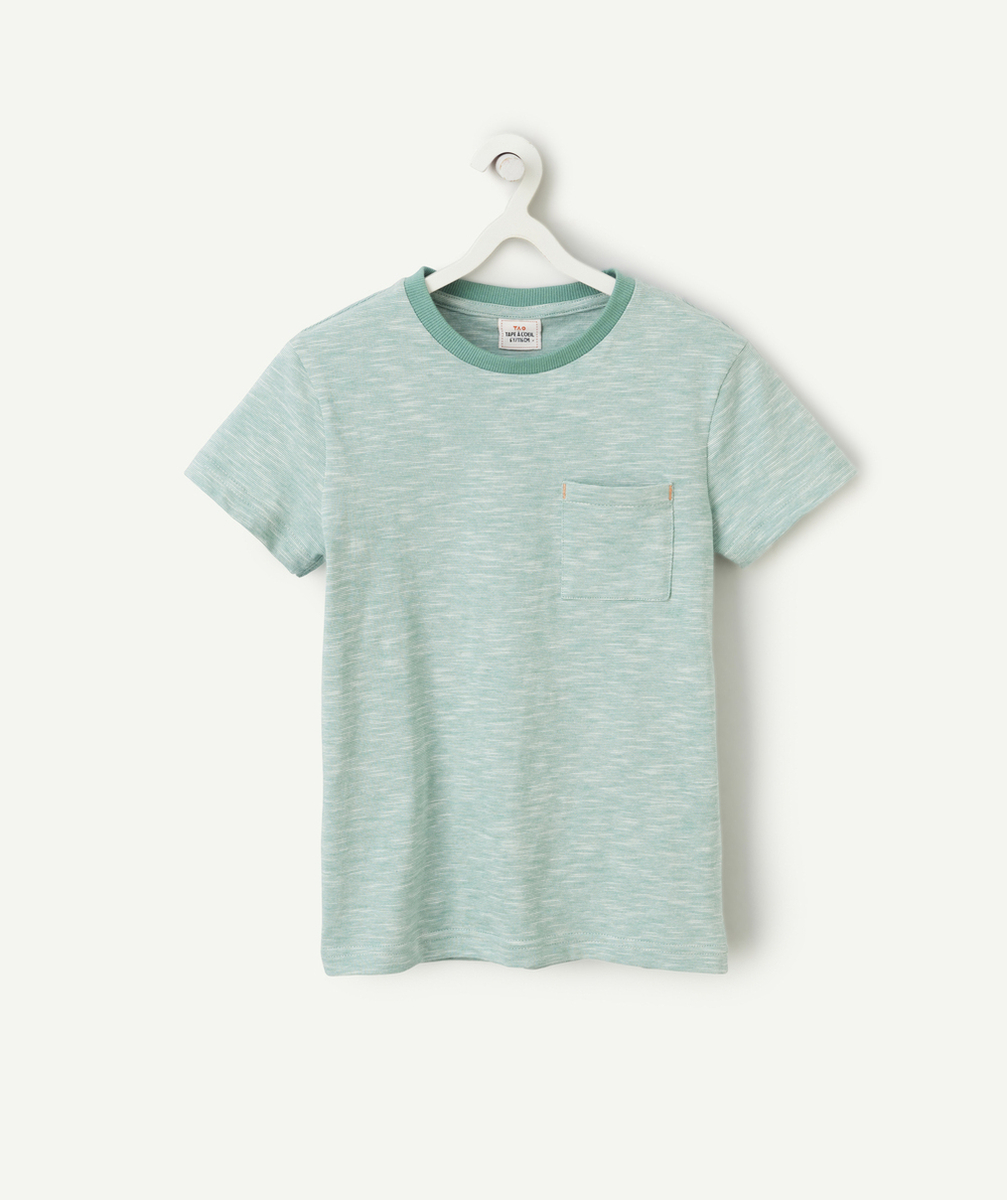 t-shirt garçon en coton bio vert avec poche et imprimé fines rayures
