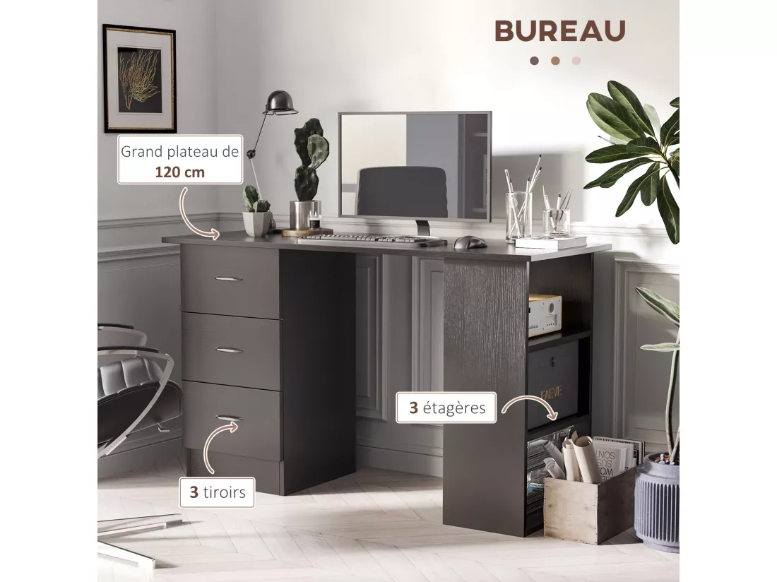 Bureau informatique meuble de bureau 3 tiroirs coulissants + 3 étagères grand plateau 120L x 49l x 72H cm MDF noir