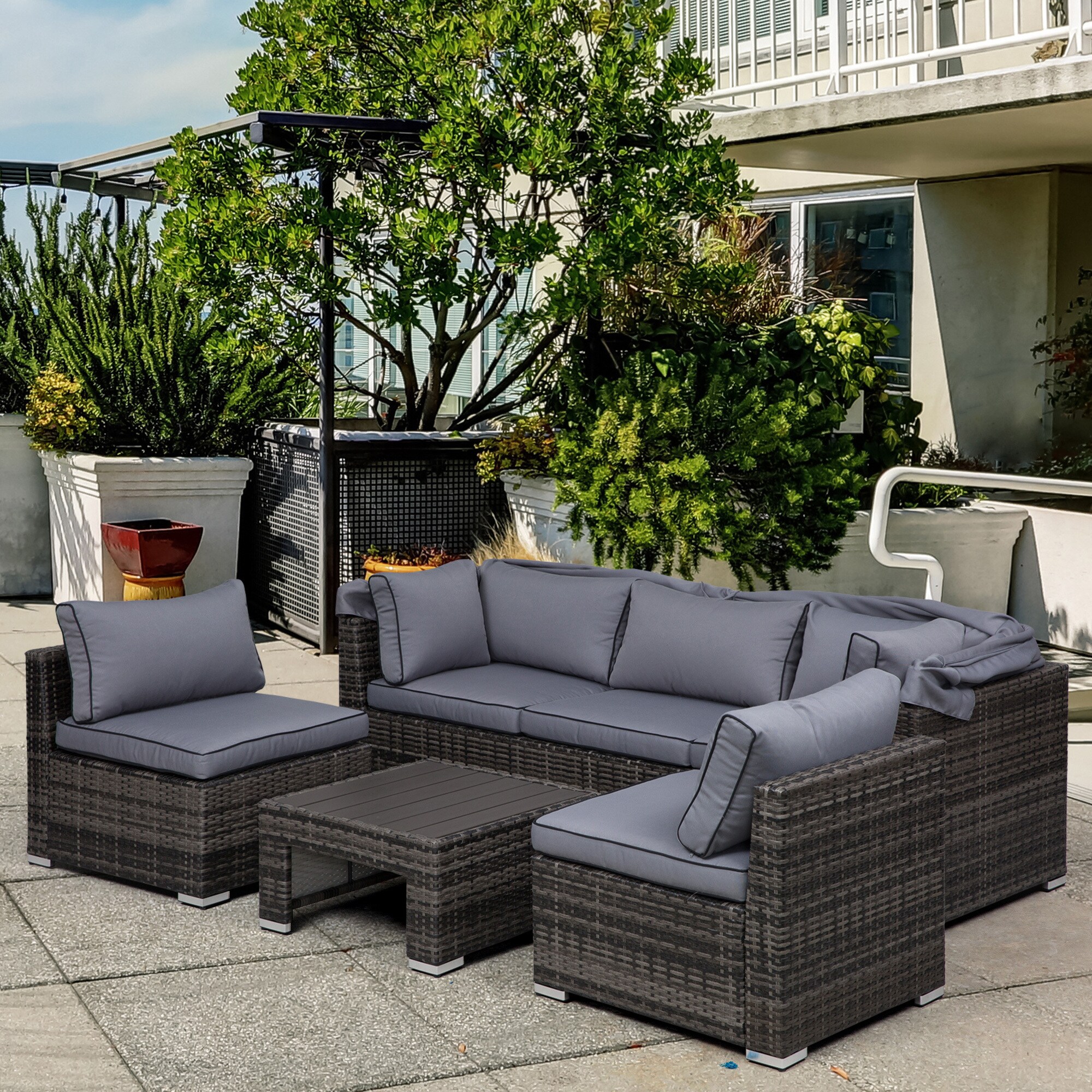 Outsunny Polyrattan Lounge-Set mit Sonnendach, Kissen und Beistelltisch grau