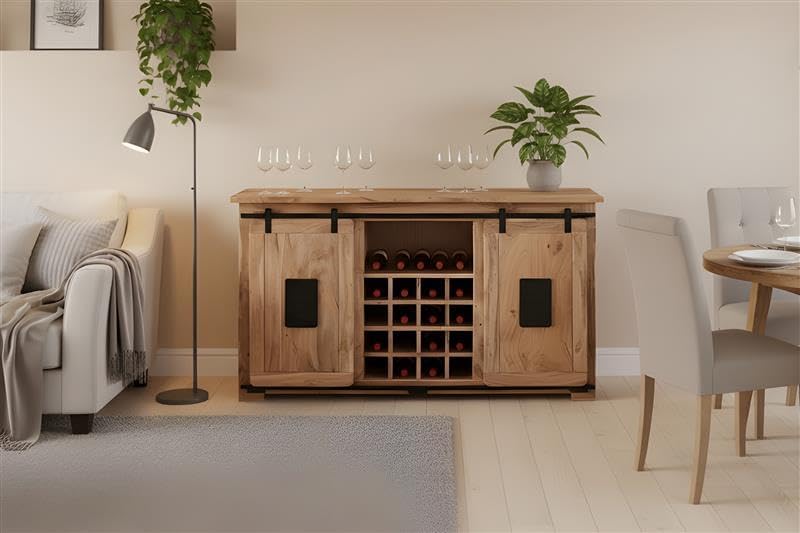 SAM Wein-Sideboard Libro, Akazienholz massiv + naturfarben, Weinschrank mit 2 Holzschiebetüren, 3 Schubladen, 3 offenen Fächern & 16 Flaschenfächern, Griffe & Reling aus Eisen, 145 x 45 x 85 cm