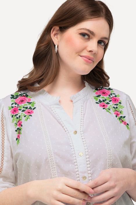 Bluse, Lochspitze, A-Linie, V-Ausschnitt, 3/4-Arm