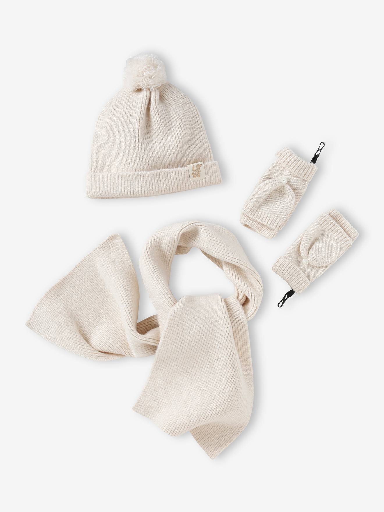 Conjunto infantil de malha canelada: gorro + cachecol + luvas/mitenes na cor rosa antigo