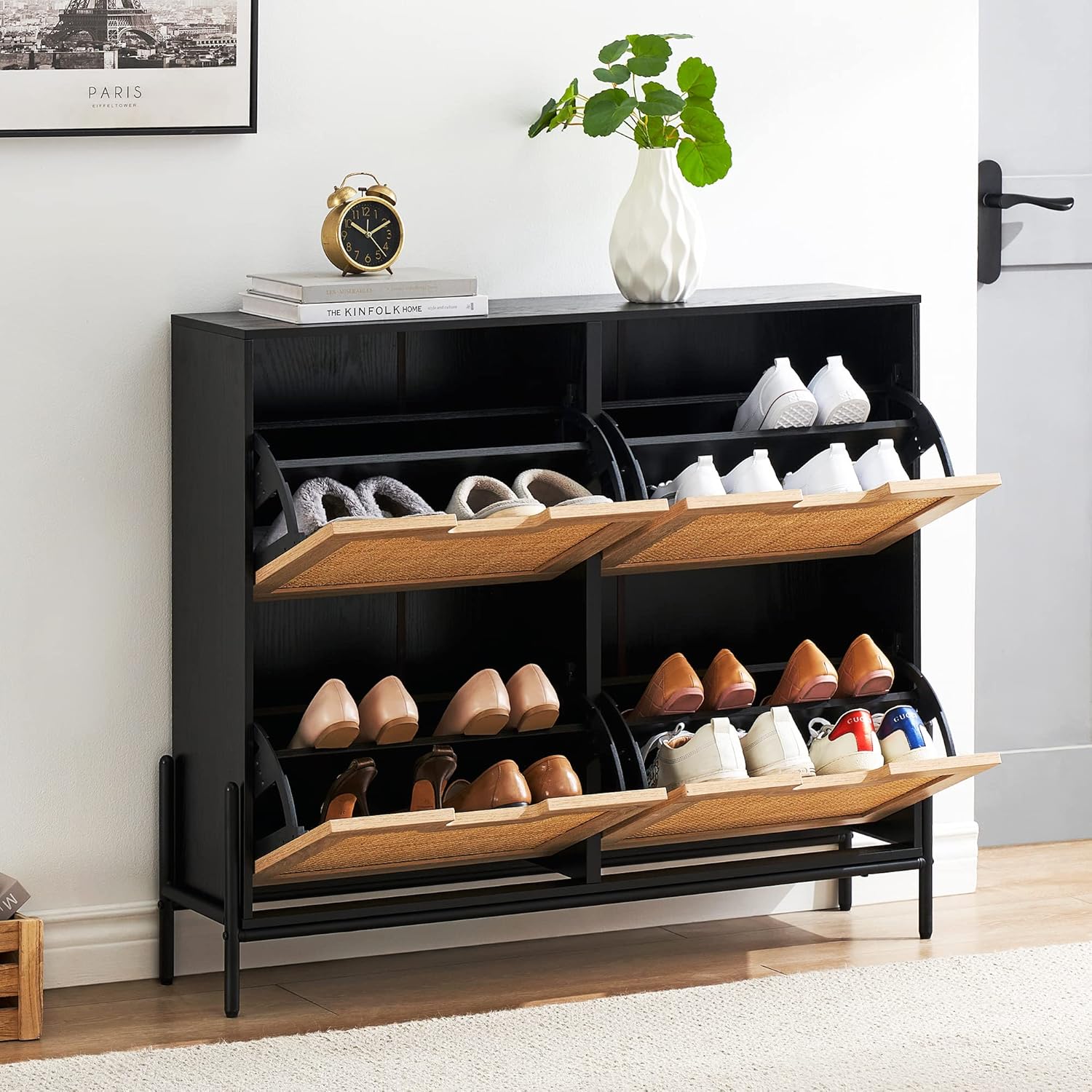 Schuhschrank Mit 4 Klappen, Schuhregal Schuhkipper Schmal, Schuhablage Verstellbar, Schuhkommode für Flur Eingang 100 x 24 x 88 cm