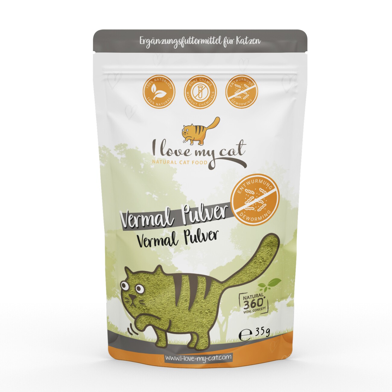 I love my cat Dealset für Katzen mit Giardien - 18 Dosen Nassfutter mit Pute und Lachs 100g + Vermal Pulver 35g + 1 Jutesack von I love my cat