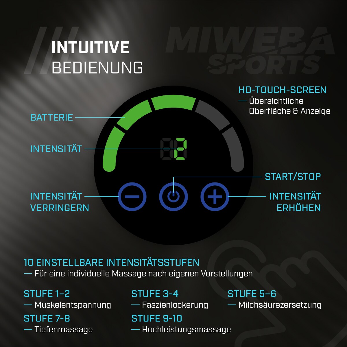Miweba Sports Massagepistole MM200, Massage-Gun 2500 mAh für Faszien-Muskelmassage mit 6 Aufsätzen (Schwarz/Grau)