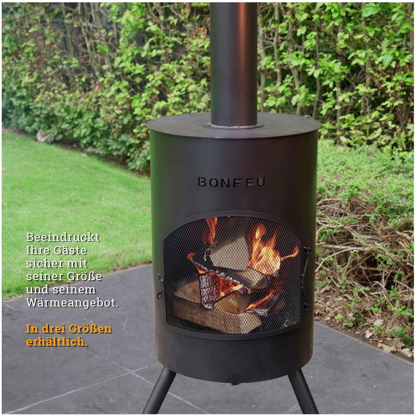 BonFeu BonTon 40 Schwarz - Terrassenofen - Feuerstelle mit Funkenschutz für entspannte Abende - Feuersäule Outdoor - Terrassenkamin mit Grillrost - Gartenofen aus Cortenstahl - 40x40x145cm