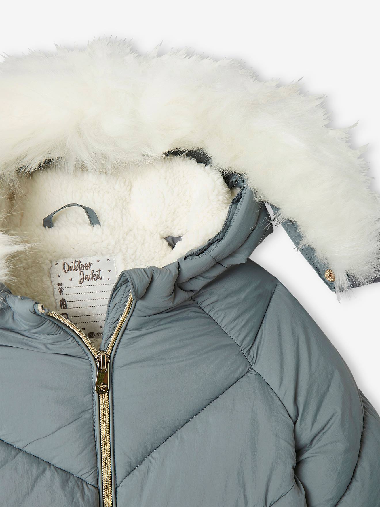 Jaqueta curta acolchoada com capuz e forro de sherpa, verde-escura lisa com estampas, para meninas.