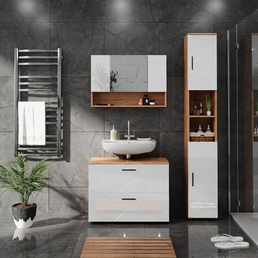 Vicco Badmöbelset Irma Eiche Weiß Hochglanz modern 80 cm 30 cm Badezimmerschrank Badschrank Badezimmermöbel Waschtischunterschrank Spiegelschrank Hochschrank Schranktür Schrankfach Schrankschublade