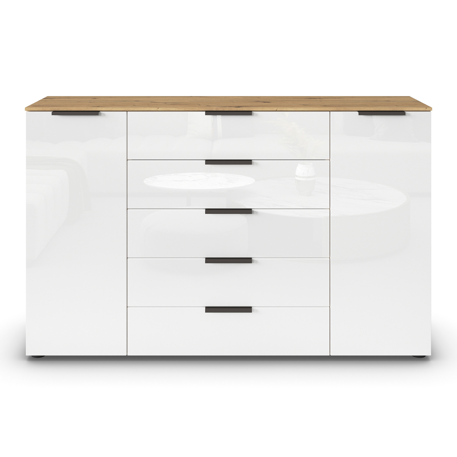 Kommode - Artisan Eiche-Kristallweißglas - Graphitgriffe - 160 cm