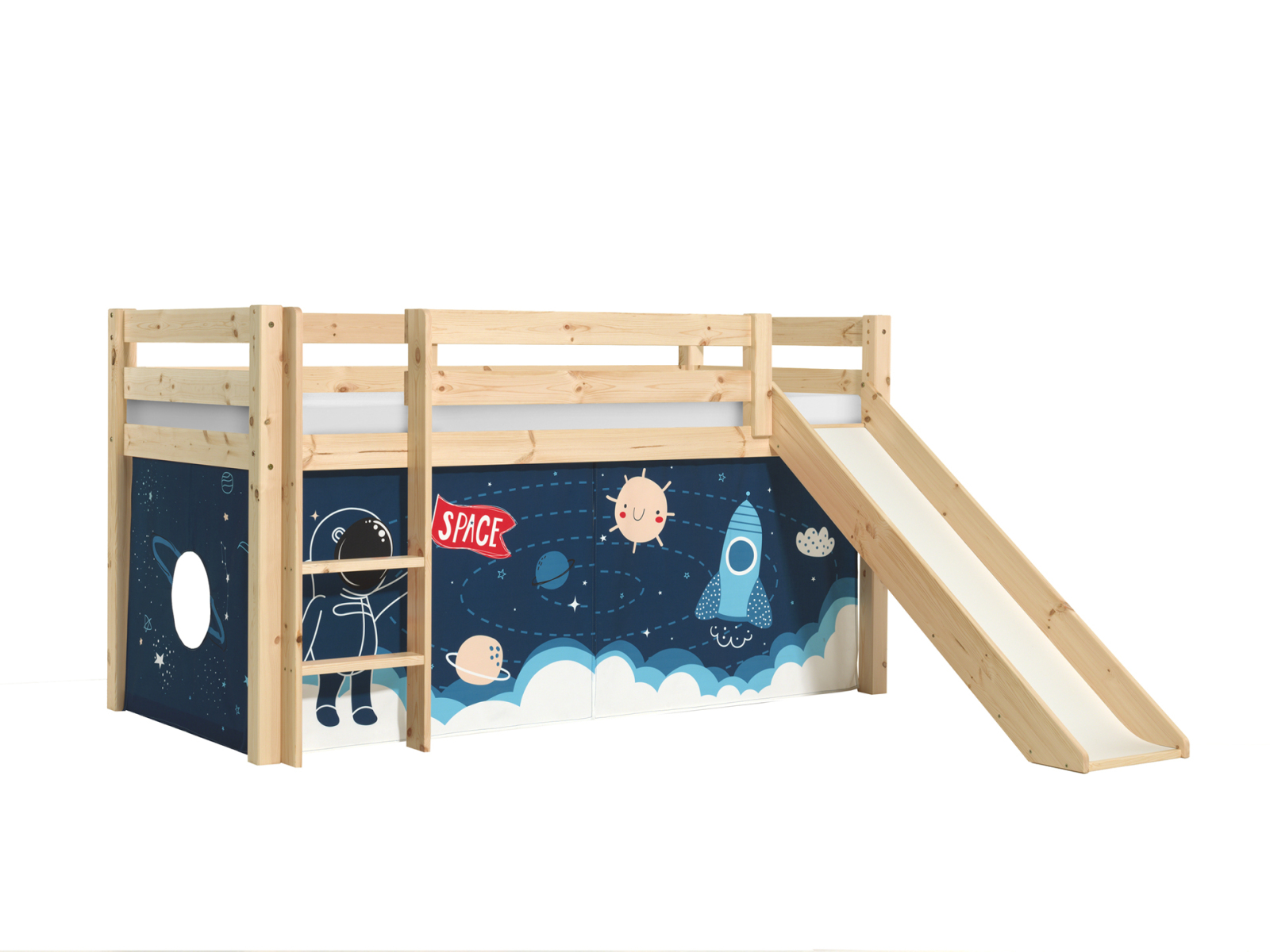 Halbhochbett PINO - SPACE SHUTTLE - Kiefer natur Massivholz - mit Rutsche - 90x200 cm