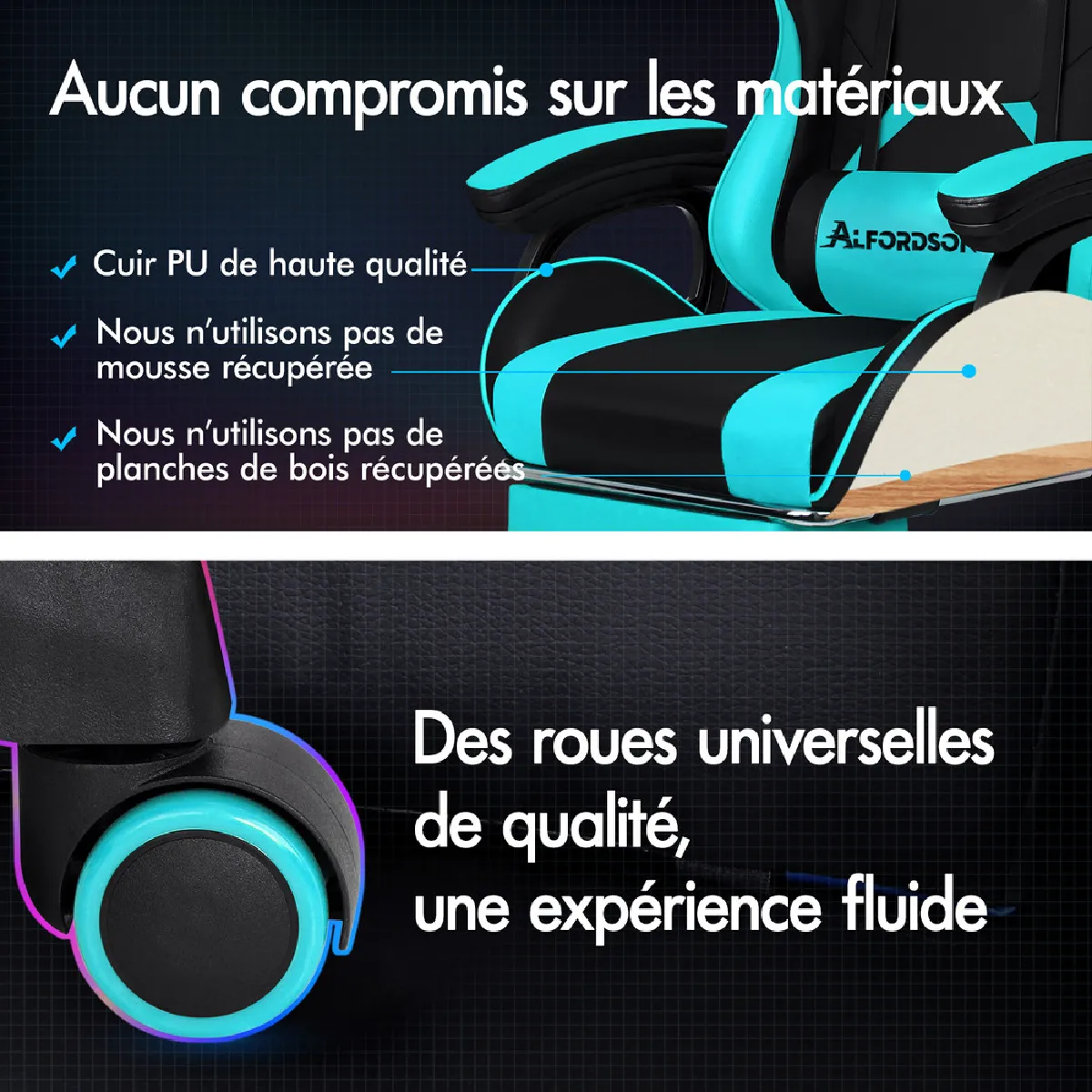 Alfordson Chaise Gaming avec Bureau Massage Cyan/Noir