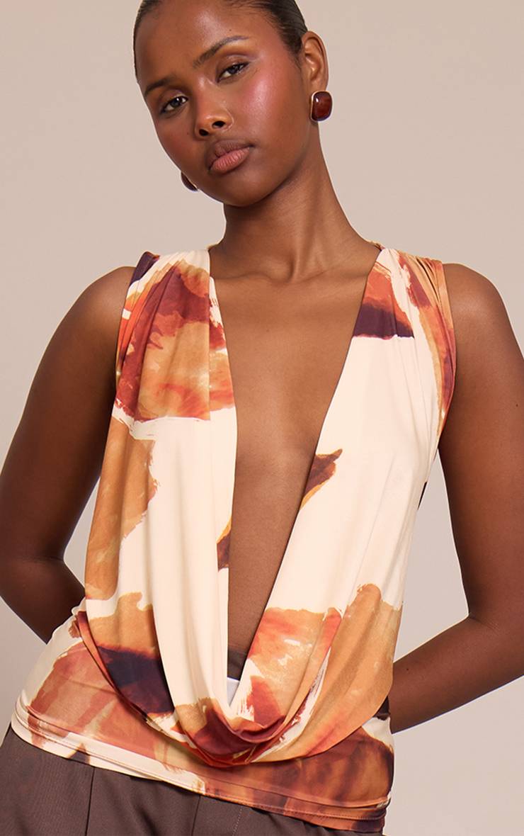 Crème Top À Col Bénitier Extrême Double Couche Slinky Imprimé Léopard