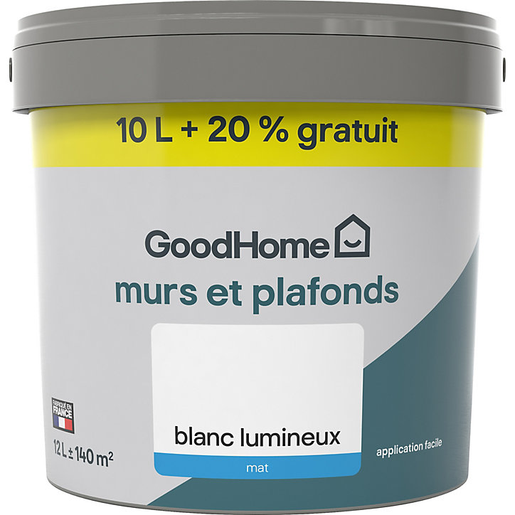 Peinture murs et plafonds GoodHome blanc mat 10L + 2L