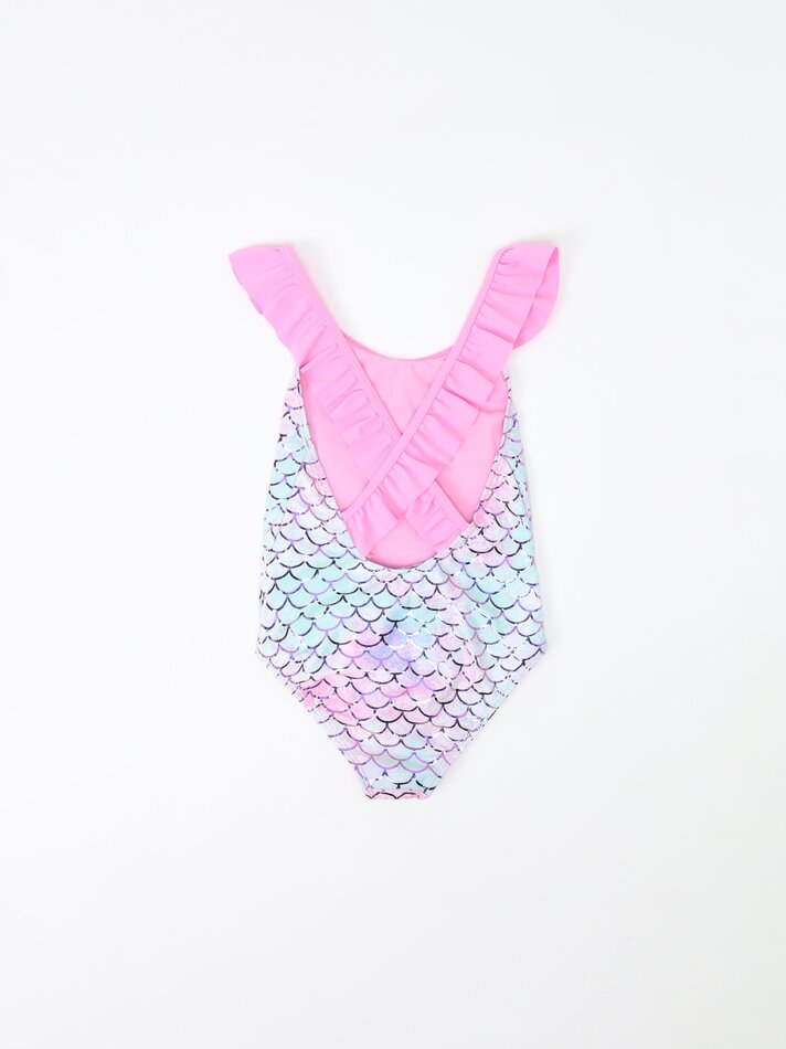 Conjunto de maiô e scrunchie com estampa de sereia - Rosa