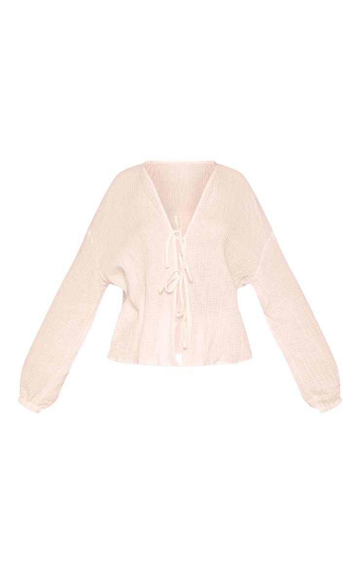 Blanc Chemise Petite À Texture Gaze De Coton Avec Nœud Devant Coordonné
