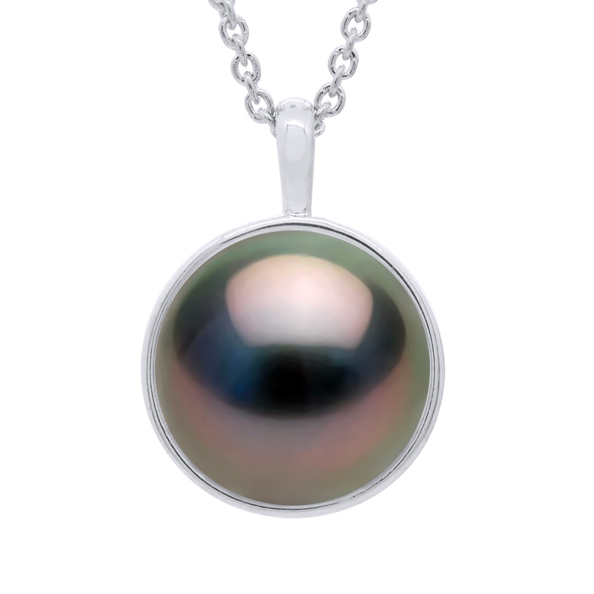 Collier Bélière Entourage Lisse - Véritable Perle de Culture de Tahiti Ronde 10-11 mm - Or Blanc