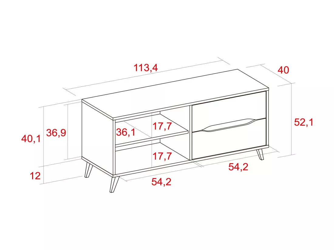Meuble TV 110, 2 tiroirs + 1 porte, salon, Modèle KAI, couleur Chêne, Gris, 113x40x52cm