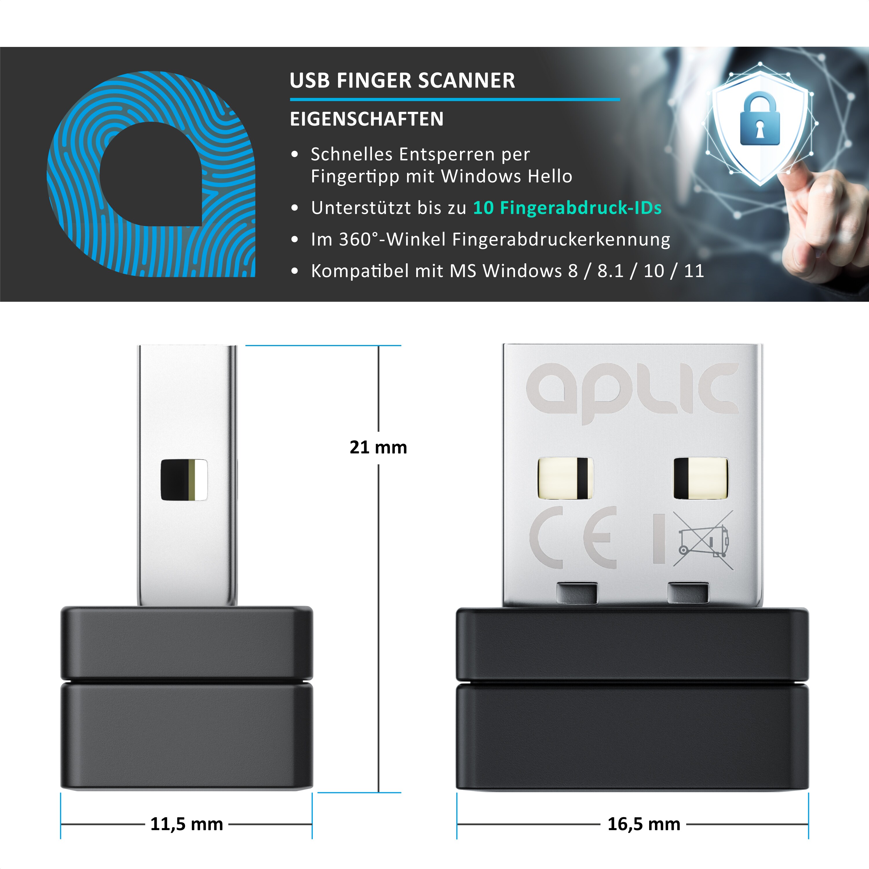 Aplic USB Fingerabdrucksensor Fingerabdruckleser - bis zu 10 IDs - Windows 8 10 11 - unterstützt bis zu 10 IDs - USB - Plug & Play - Finger Scanner