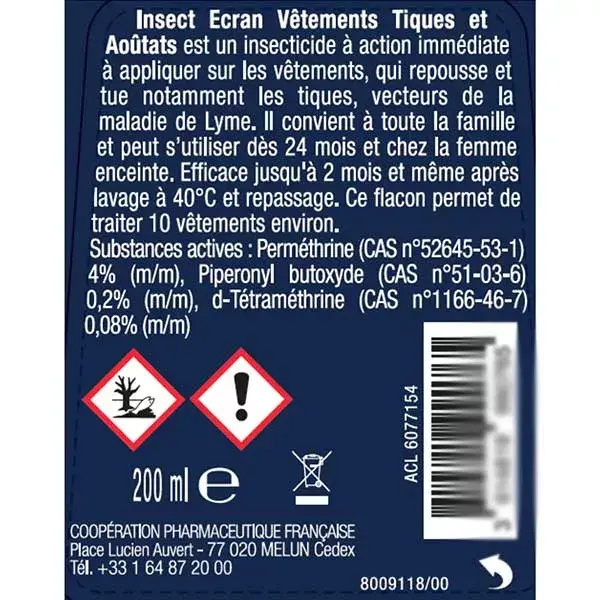 Insect Ecran Vêtements Spray Insecticide Anti-Tiques et Aoutats 200ml