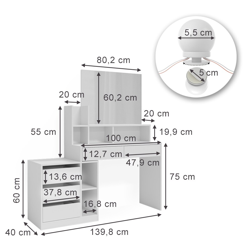 Vicco Schminktisch Anja 139,8 x 115 cm Weiß Spiegel LED modern Frisiertisch