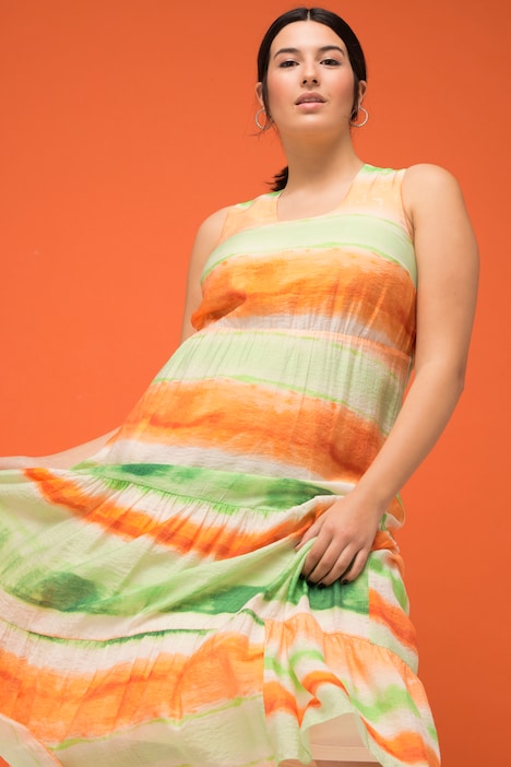 Maxikleid, A-Line, Batikstreifen, Rücken-V-Ausschnitt, Volants