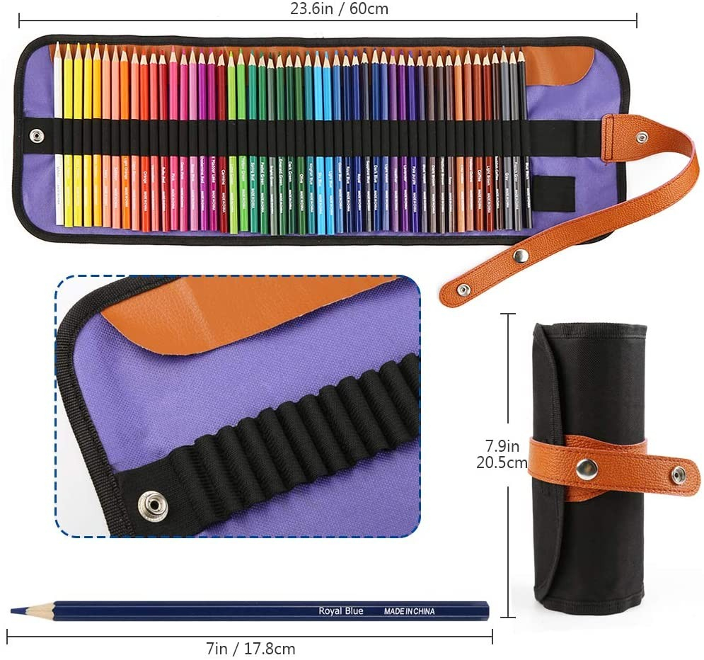 (53-tlg. Set) Aquarell Holz Buntstifte Skizzen Farbstifte im Roll Etui   Spitzer / Stiftverlängerung