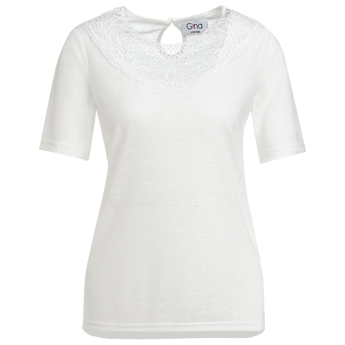 Gina Damen T-Shirt mit Spitzenausschnitt weiss