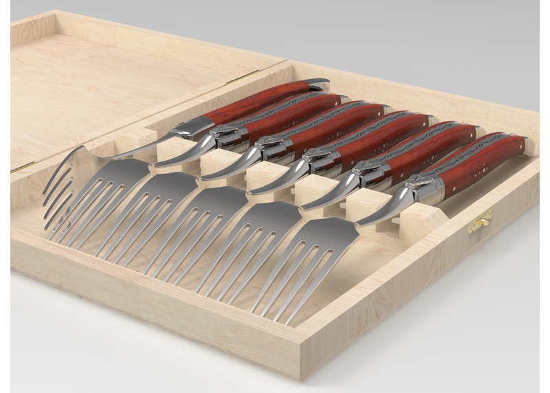 Service de 6 fourchettes Laguiole avec un manche en bois de corail et mitres en acier inoxydable